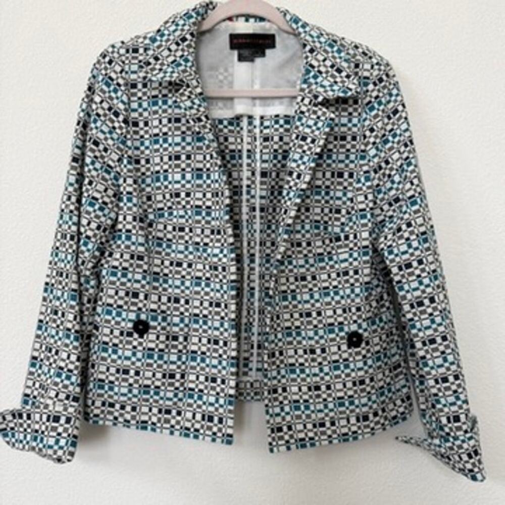 NINA‎ McLEMORE Geometric Cotton Silk Lined Blazer Jacket Blue Black White Size 8